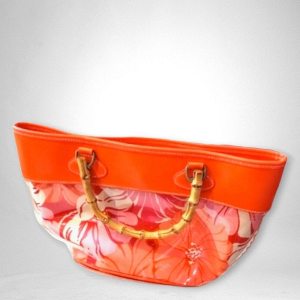 Vintage - Y2K Orange & Pink Floral Print Bag with Bamboo Handles